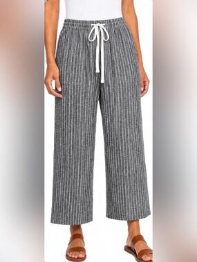 Roxy Women’s Linen Blend Crop Pants Black White Stripe Small NWT